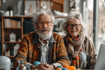 Portrait of Joyful Elderly Couple, Both Wearing Glasses, Celebrating Easter with Office Decorations