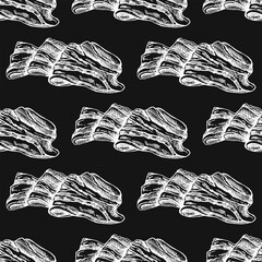 Hand-drawn seamless pattern of bacon in engraved vintage style. Hand-drawn vector white pattern of hamon or pork meat, ham slice. Italian prosciutto vintage sketch on chalkboard background.