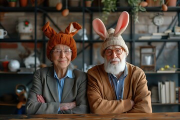 Portrait of Joyful Elderly Couple, Both Wearing Glasses, Celebrating Easter with Office Decorations