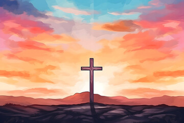 Watercolor Easter scene of cross on the mountain in vibrant color background for Jesus Christ concept decoration