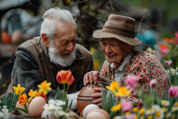 portrait shot of a happy elderly couple, man and woman, against the backdrop of a beautiful blooming spring garden