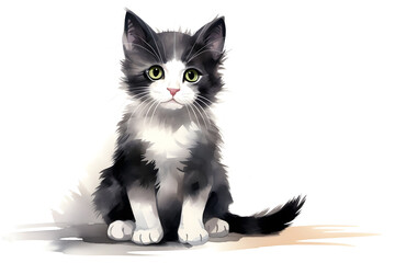 Watercolor cute black and white cat isolated onwhite background with copy space for animal pet mammal concept