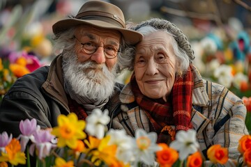 portrait shot of a happy elderly couple, man and woman, against the backdrop of a beautiful blooming spring garden