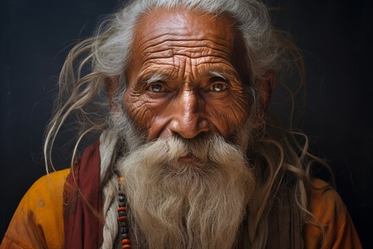 Shudra man, his serene expression and gentle demeanor revealing a depth of experience and wisdom accumulated over the years, dressed in traditional attire, embodying the qui