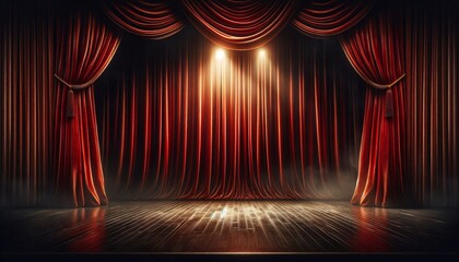 a theater stage with closed red velvet curtains. The stage floor is made of dark polished wood with foot wallpaper background landscape photography