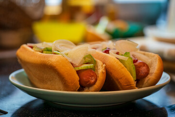 HotDog in close up view with kitchen interior background in bokeh style