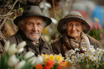 portrait shot of a happy elderly couple, man and woman, against the backdrop of a beautiful blooming spring garden