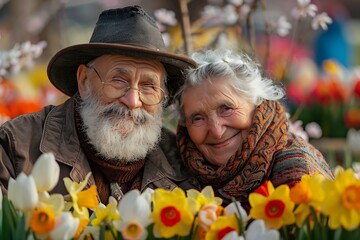 portrait shot of a happy elderly couple, man and woman, against the backdrop of a beautiful blooming spring garden