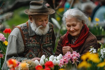 portrait shot of a happy elderly couple, man and woman, against the backdrop of a beautiful blooming spring garden