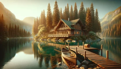 Fotobehang Landscape a lake with a rustic cottage .The foreground is calm lake with crystal clean water cabin, cottage house, grass, sunset, wilderness, holiday, north america, outdoors, natural, reflection  © Raven