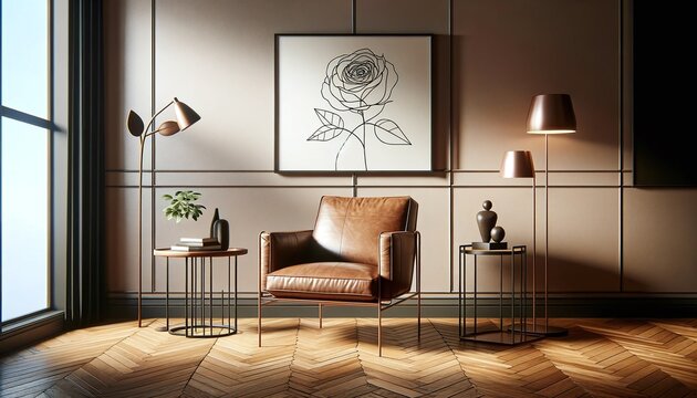  a modern, minimalist interior with a large elegant brown leather chair wallpaper background landscape photography