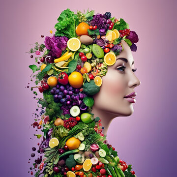 Woman image created from various vegetables and fruits. Healthy food and nutrition concept.