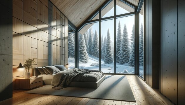 the interior of a modern bedroom with extensive windows that show a snowy forest outside scandinavian, sleep, sofa, bright, table wallpaper background landscape photography