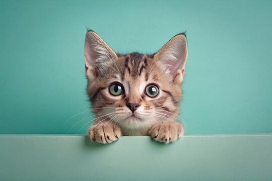 Cute kitten peeking out from behind the wall.