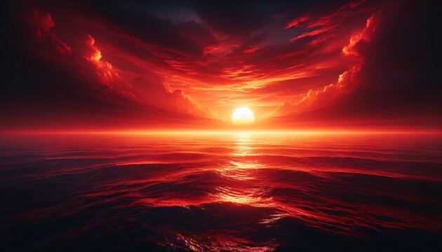 Landscape a breathtaking sunset over the ocean. The sky is filled with deep red and orange hues, casting a warm glow over the water wallpaper background photography