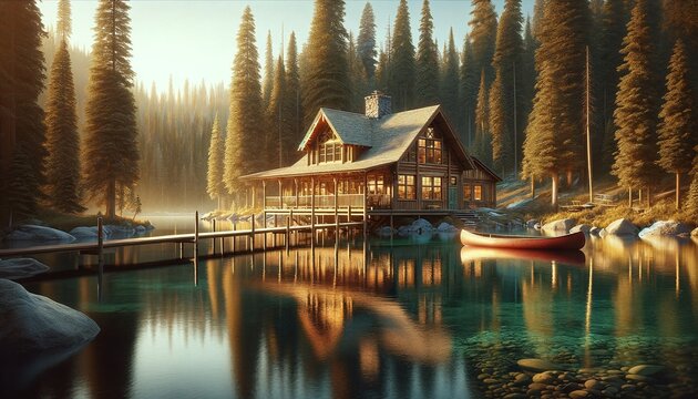 Wallpaper  lake with a rustic cottage cabin. The foreground is calm lake with crystal clean water , north america, outdoors, natural, reflection, building, background shore resort wallpaper background