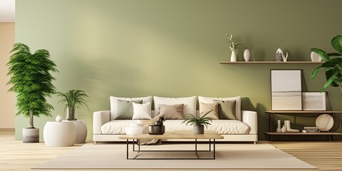 Elegant and outstanding minimalist home decor with beige furniture, green accents, and beige wall.