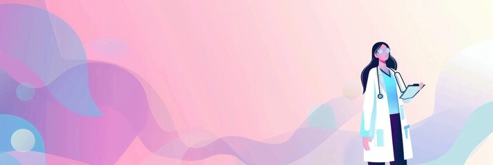  Abstract banner with a female doctor in a white coat holding a stethoscope against a pastel colored background - obrazy, fototapety, plakaty