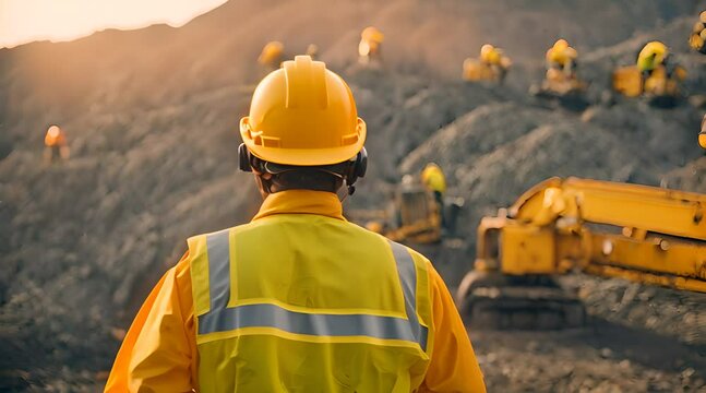 Cinematic scene of a man in a vest, yellow helmet, and safety clothing monitoring the work of a mining industry project
