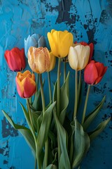 beautiful bouquet of blue, yellow and red tulips on a blue background generated by AI