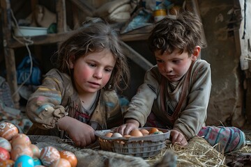 photo of children from a poor family with Easter eggs in the background of a poor apartment generated by AI