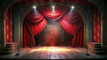 Red stage curtain with spotlights and wooden floor