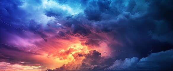 Dramatic Sky with Vivid Colors: Thunderstorm with Lightning, Sunset and Cloud Formations Stock Photo