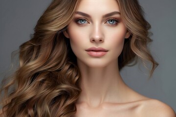 Fototapeta premium Beautiful long brown hair beauty model, Ai generated 