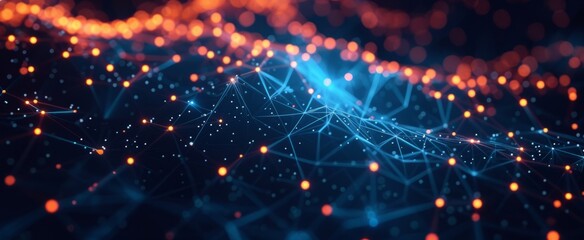 Obraz premium Digital Connectivity and Data Flow Concept: Abstract Background Illustration of Vibrant Network of Nodes and Links Symbolizing Modern Communication Technology and Information Exchange