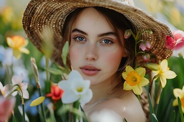 portrait of a young beautiful girl with a field of spring flowers in the background generated by AI