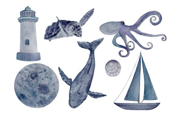 Watercolor hand-drawn humpback whale, an octopus, a turtle ,a moon lighthouse and a sailboat purple monochromatic set isolated on white
