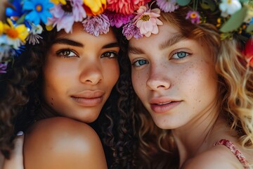 Obraz premium portrait shot of two beautiful girls smiling at the camera colorful background generated by AI