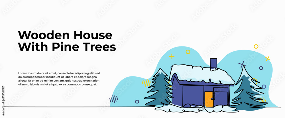 Poster vector illustration of a house with trees and a snowman. modern flat in continuous line style.