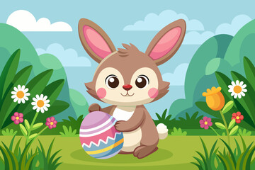 cartoon little rabbit holding easter egg in the grass  (2)