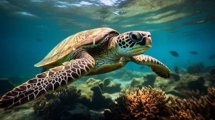 Muurstickers Closeup of a big green sea turtle © Cedar