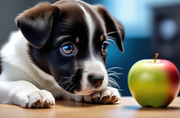 puppy watching microscope, glasses, eating apple 