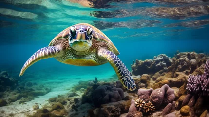 Gordijnen Closeup of a big green sea turtle © Cedar