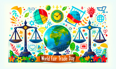 Colorful illustration celebrating World Fair Trade Day with a globe, scales of justice, and various symbols of ethical commerce and global partnership