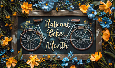 National Bike Month celebration with ornate calligraphy and floral designs on a vintage frame, accompanied by a classic bicycle, symbolizing cycling culture and spring