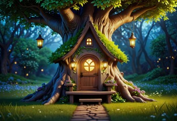 fairy tale treehouse with window, lantern, bench; home to magical elves or gnomes in fantasy by ai generated