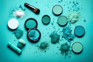 Broken blue turquoise mint cosmetic eye shadows on blue background. Female wallpaper background, beauty salon advertising mock up, copy space