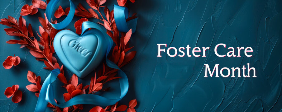 National Foster Care Month awareness concept with symbolic blue ribbon and heart, promoting foster family support and child welfare services
