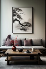 Chic Japanese living room setup grey sofa with black cushions