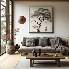Grey sofa complemented by black cushions set in a minimalist Japanese living room