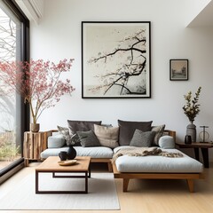 Harmonious Japanese living room modern grey sofa
