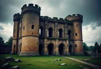 Exploring the hauntingly beautiful ruins of an ancient medieval castle, echoing with tales of bygone times by ai generated - obrazy, fototapety, plakaty