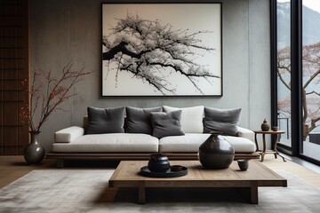 Grey sofa and black cushions in a Japanese-style living room