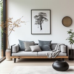 Grey sofa black cushions set against a Japanese-inspired interior