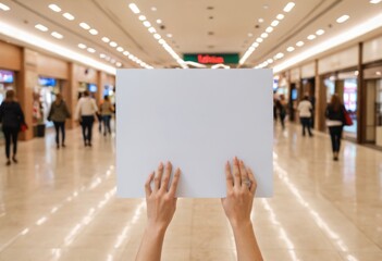Female hands holding a blank poster displayed in the hallway of a shopping mall, ready for advertisement by ai generated