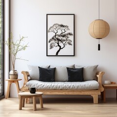 Modern Japanese living room grey sofa with black cushions